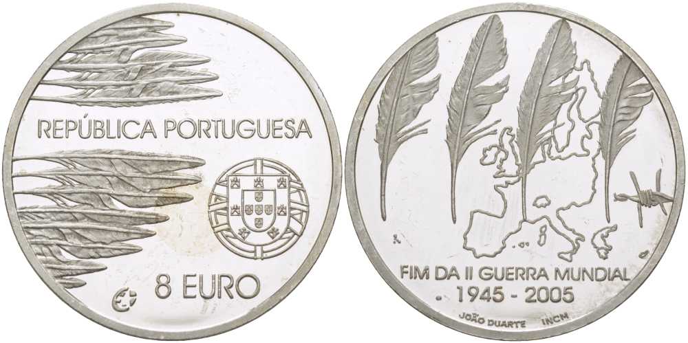Португалия 8 евро 2005 60 лет окончания 2-ой мировой войне KM 773а серебро PROOF 1076-2-62