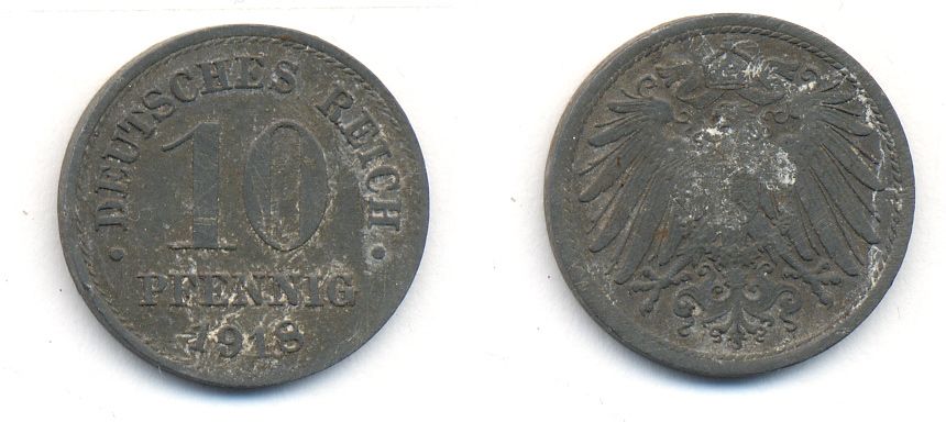 ГЕРМАНИЯ 10 ПФЕННИГОВ 1918 KM 26, J. 299 цинк 35-731