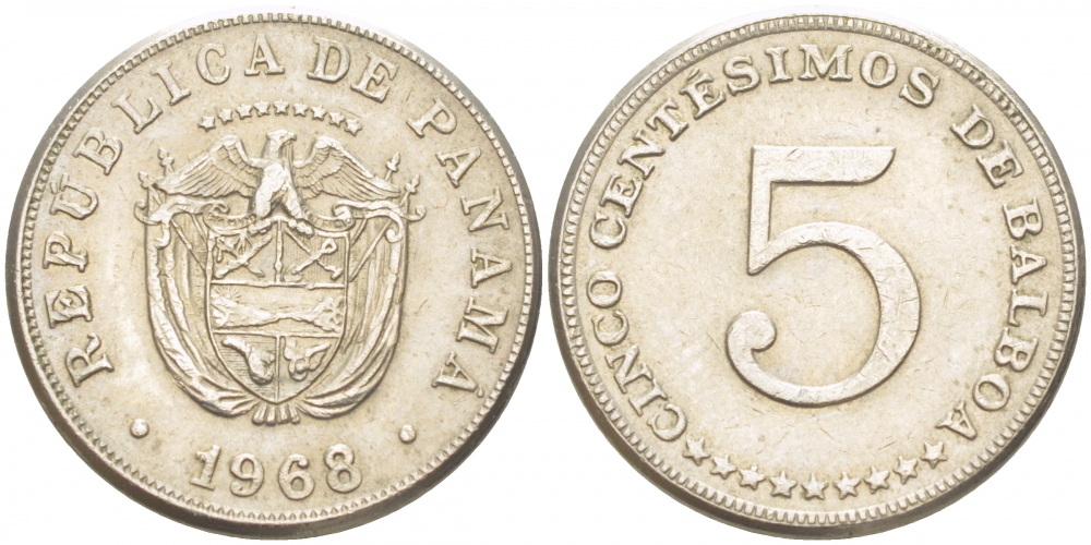 Панама 5 сентесимо 1968 KM 23.2 медно-никель 261-454