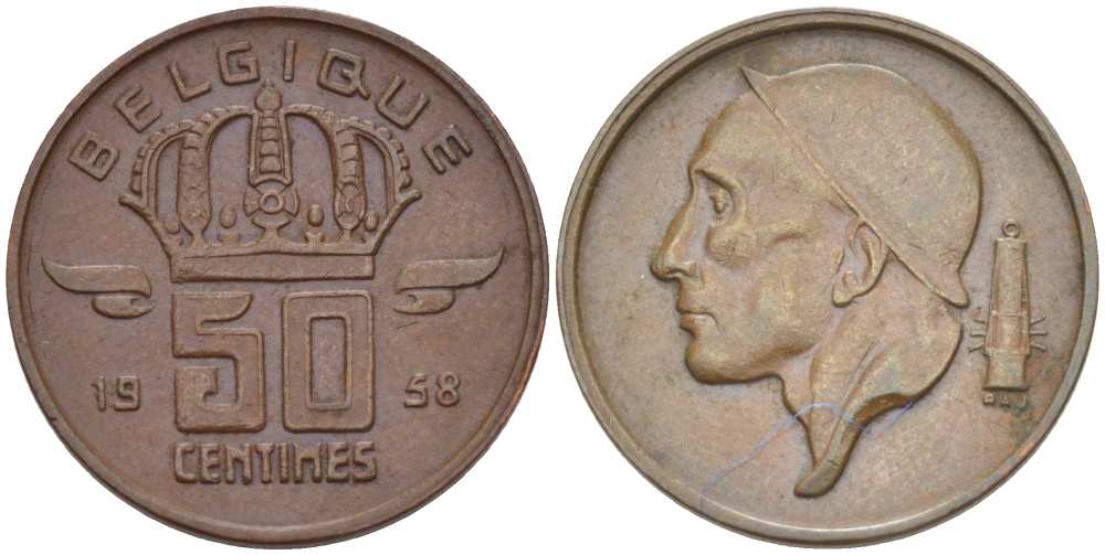 БЕЛЬГИЯ 50 СЕНТАВО 1958 БОДУЭН I (1951-1993), BELGIQUE KM 148.1 бронза 4514-643