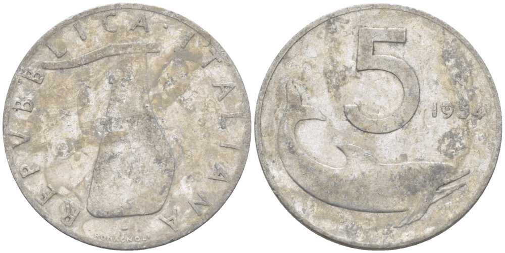 ИТАЛИЯ 5 ЛИР 1954 R, РУЛЬ, ДЕЛЬФИН KM 92 алюминий 95-742
