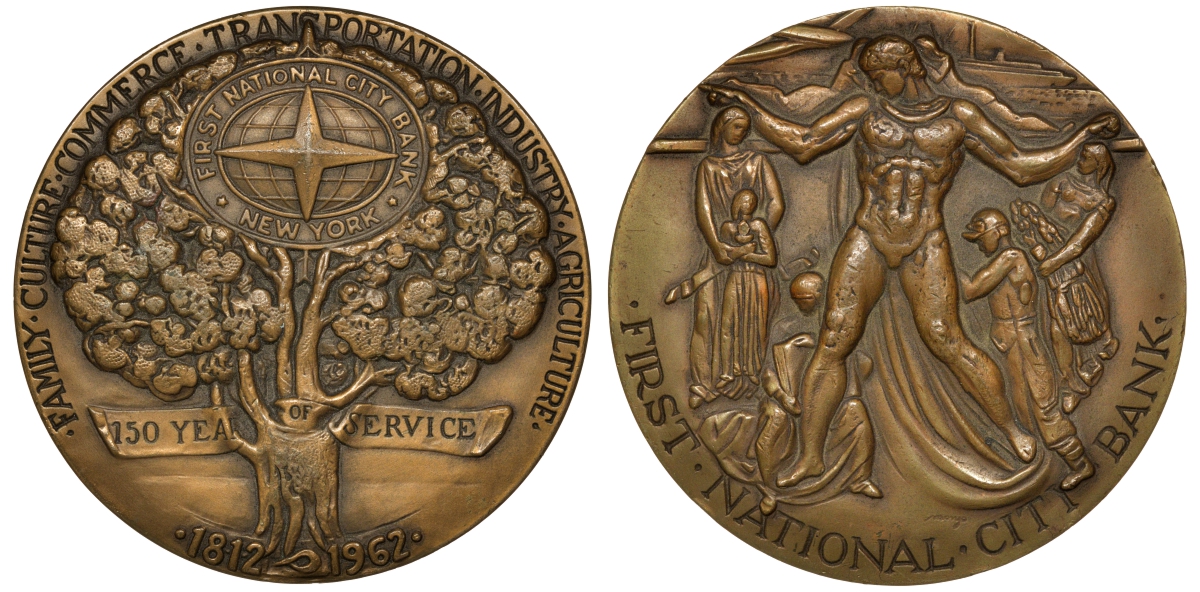США медаль 1962 150 лет FIRST NATIONAL CITY BANK, 75 мм бронза 8-1-07-14