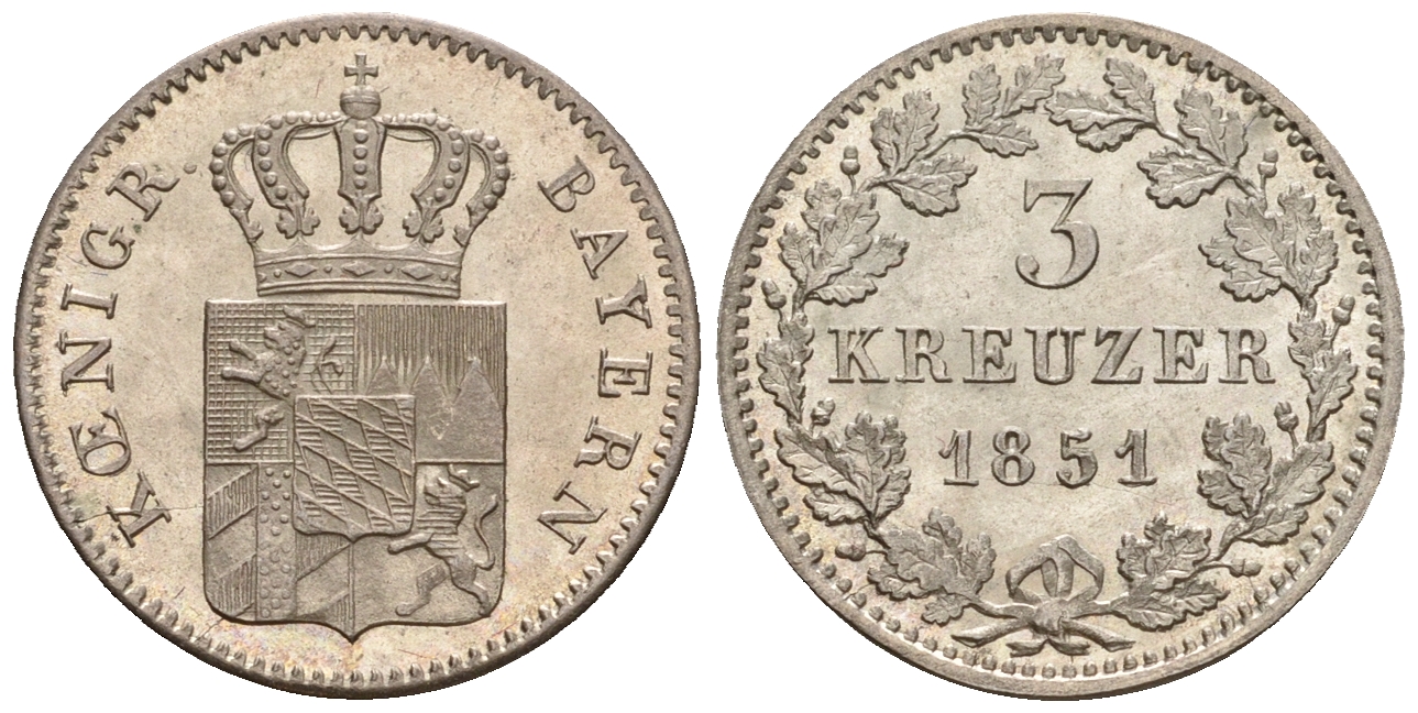 Бавария 3 крейцера 1851 Максимилиан II (1848-1864) KM 800, Jaeger 59, AKS 154 серебро UNC 413-5745