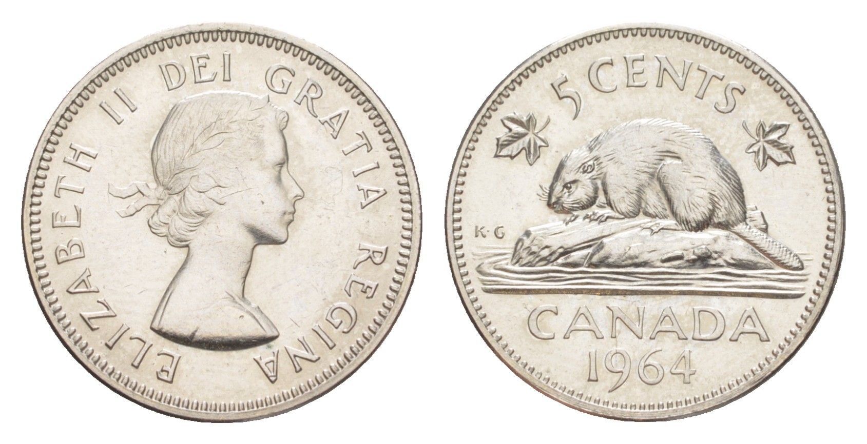 Канада 5 центов 1964 Елизавета II (1952-2022), бобр KM 57 никель UNC 4639-444