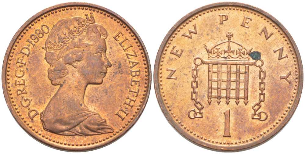 Великобритания 1 пенни 1980 Елизавета II (1952-2022) KM 915, Spink 4237 (B1) бронза 175-612