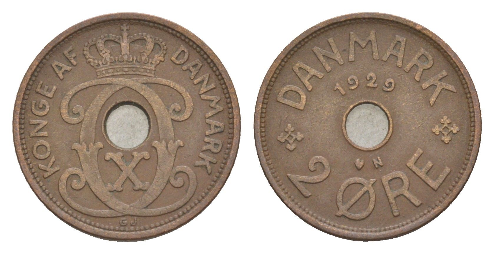 Дания 2 эре 1929 N, Кристиан X (1912-1947) KM 827 бронза 4639-739