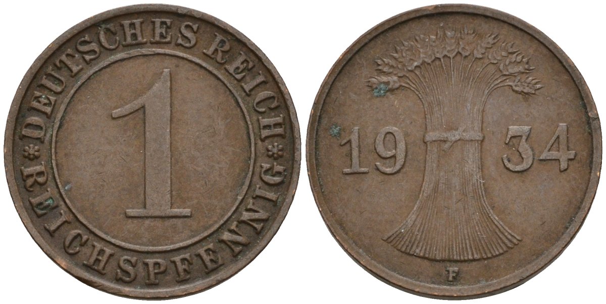 Германия 1 рейхспфенниг 1934 F KM 37, J. 313 бронза 4124-632