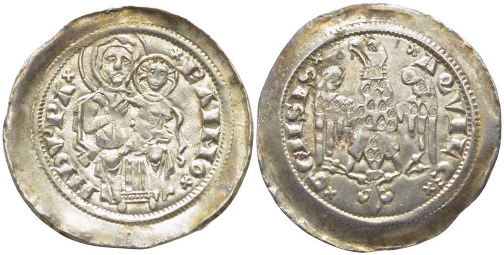 Италия денаро 1277 Аквилея. Герцог Раймондо (1273-1299). Богоматерь с младенцем / орел. 1,13 гр, XF Bernardi 28; Biaggi 155 серебро 00-812-72