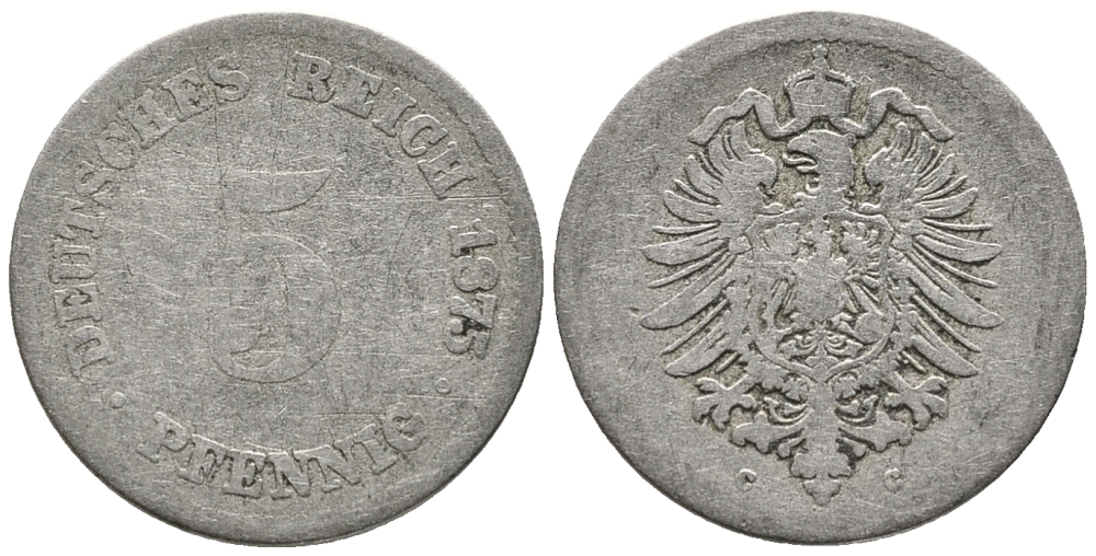Германия 5 пфеннигов 1875 C, старогербовка KM 3, Jager 3, Weege 5 медно-никель 39-322