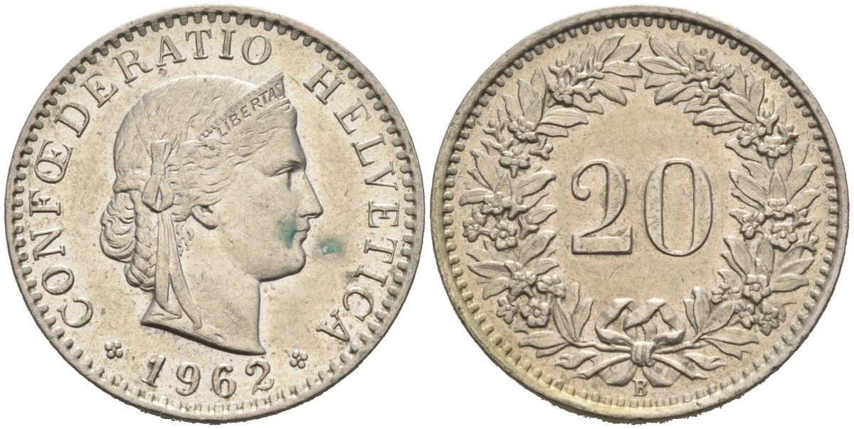 Швейцария 20 раппенов 1962 B KM 29a медно-никель 4575-115