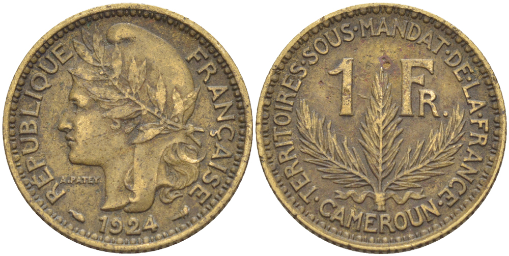 Французский Камерун 1 франк 1924 (а), монетный двор Париж KM 2 алюминиевая бронза 25-2121