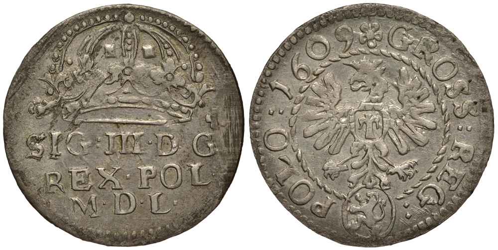 Польша 1 грош 1609 Сигизмунд III (1587-1632), вес 1,44 гр., Леварт KM 11 серебро 1516-1413