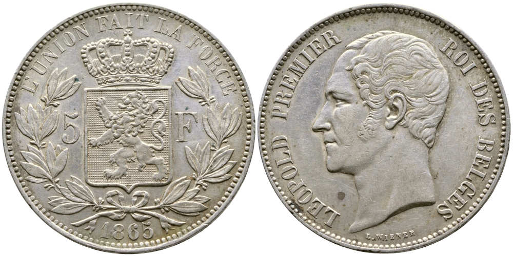 Бельгия 5 франков 1865 Леопольд I (1831-1865) KM 17 серебро 00-1067-6-32