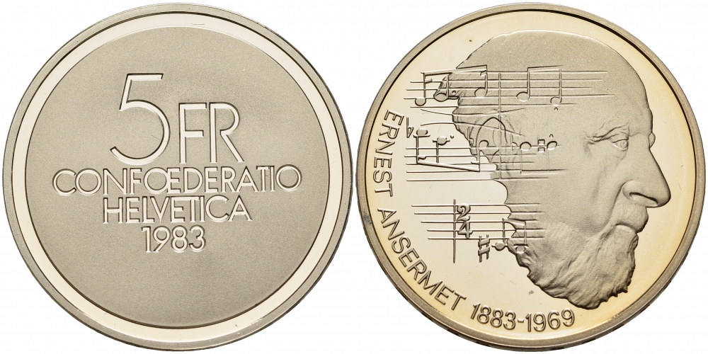 ШВЕЙЦАРИЯ 5 ФРАНКОВ 1983 100 ЛЕТ СО ДНЯ РОЖДЕНИЯ ЭРНЕСТА АНСЕРМЕ KM 62 медно-никель PROOF 1087-3-24