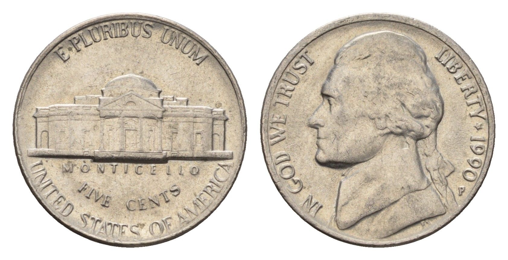 США 5 центов 1990 P, Джефферсон KM A192 медно-никель 4637-652