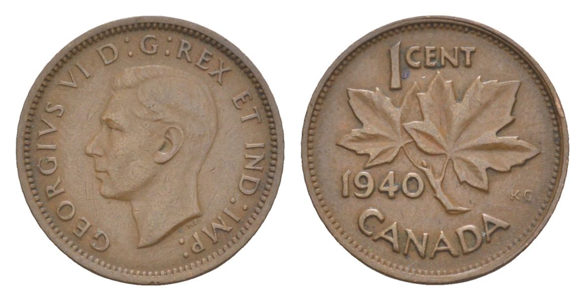 Канада 1 цент 1940 Георг VI (1936-1952), кленовый лист KM 32 бронза 4630-513