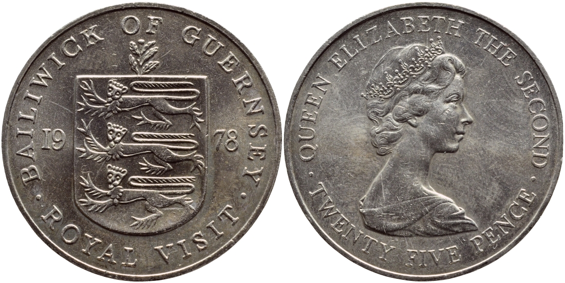 Гернси 25 пенсов 1978 Королевский визит KM 32 медно-никель UNC 74-714