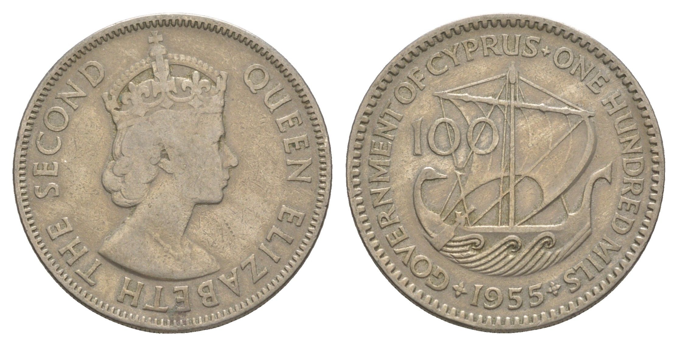 Кипр 100 милей 1955 Елизавета II (1952-2022) KM 37 медно-никель 4652-422