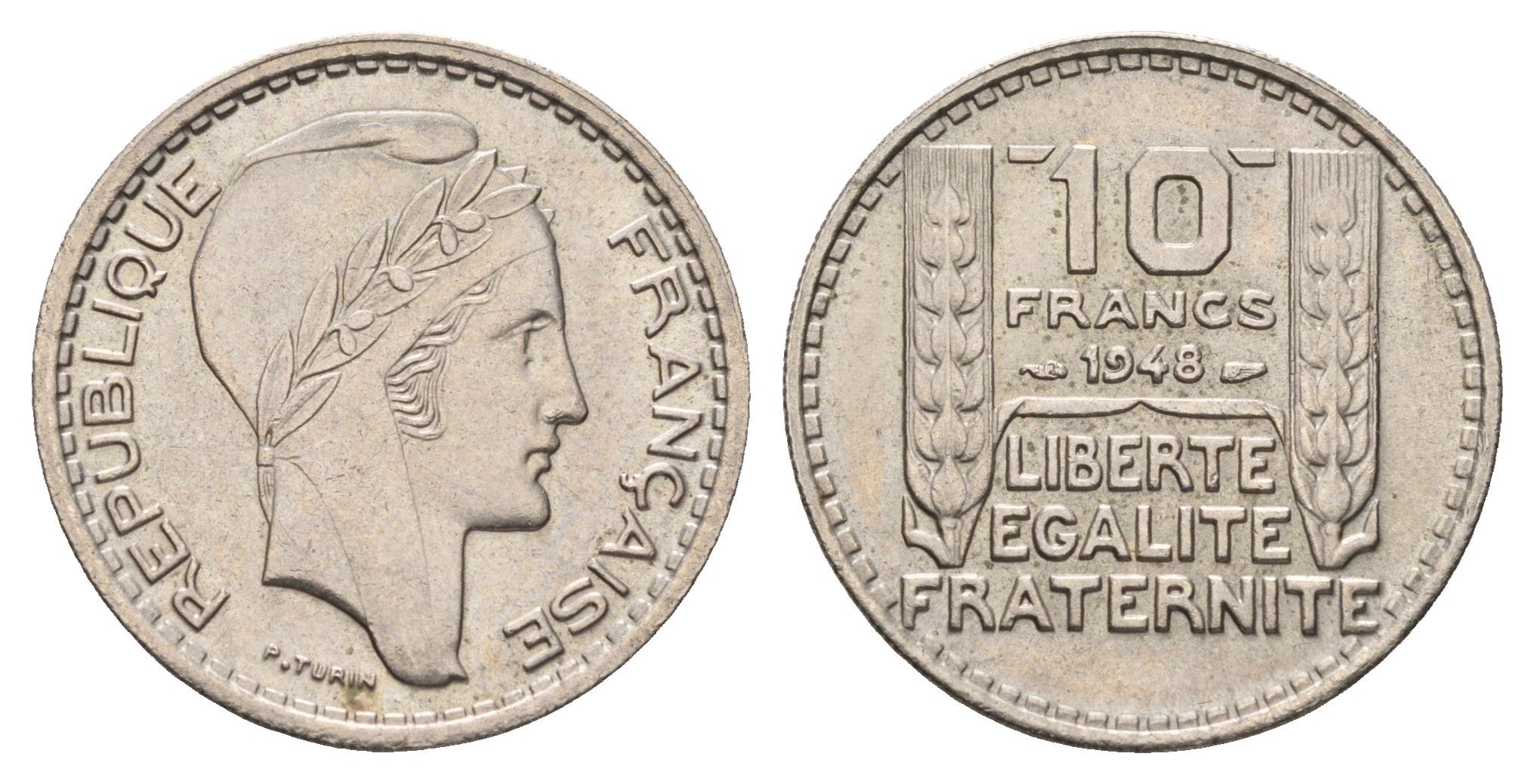 Франция 10 франков 1948 тип Пьер Турин KM 909.1, Le Franc 362.3 медно-никель UNC 4675-754