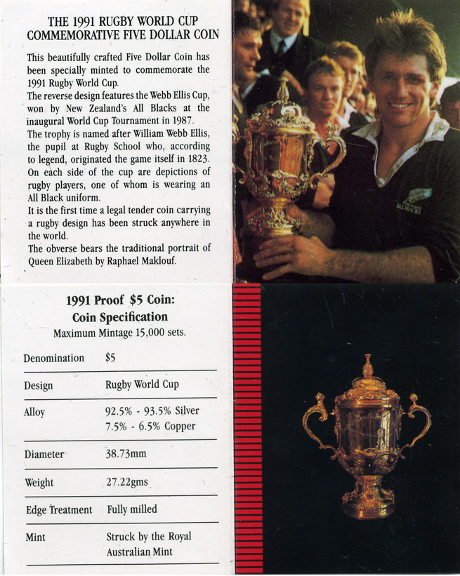 Новая Зеландия 5 долларов 1991 чемпионат по регби среди стран Содружества, с сертификатом KM 80а серебро PROOF 5-4-5-24
