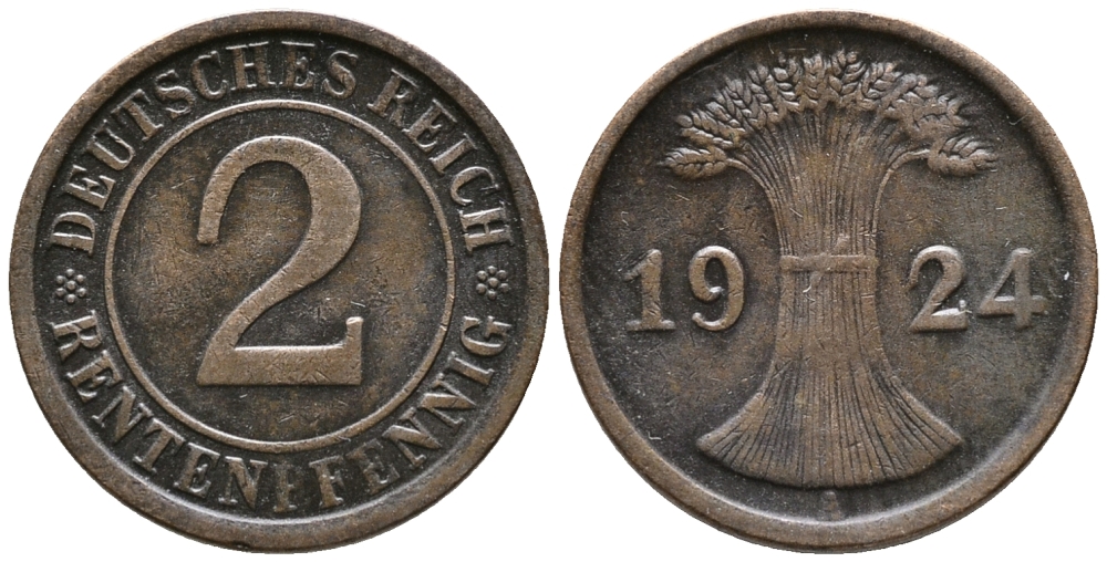 ГЕРМАНИЯ 2 РЕНТЕНПФЕННИГА 1924 A KM 31, J. 307 бронза 24-545