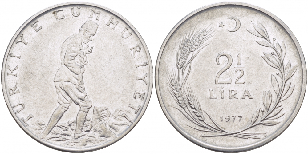 ТУРЦИЯ 2 1/2 ЛИРЫ 1977 KM 893.2 сталь 4179-112