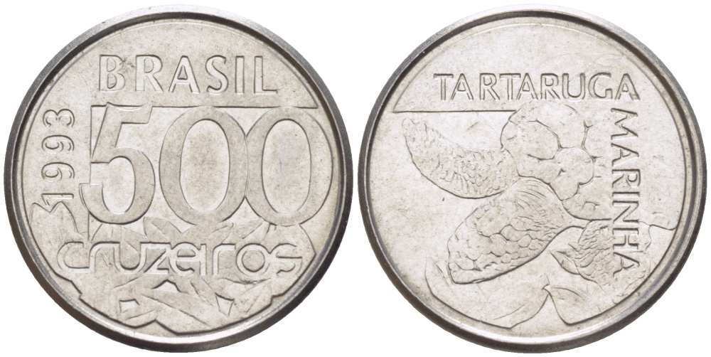 Бразилия 500 крузейро 1993 морская черепаха KM 624 нержавеющая сталь 4396-1024