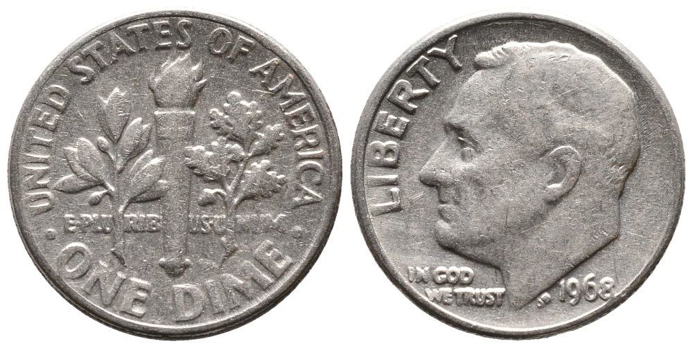 США 10 ЦЕНТОВ = 1 ДАЙМ 1968 РУЗВЕЛЬТ KM 195а медь плакированная медно-никелем 73-226