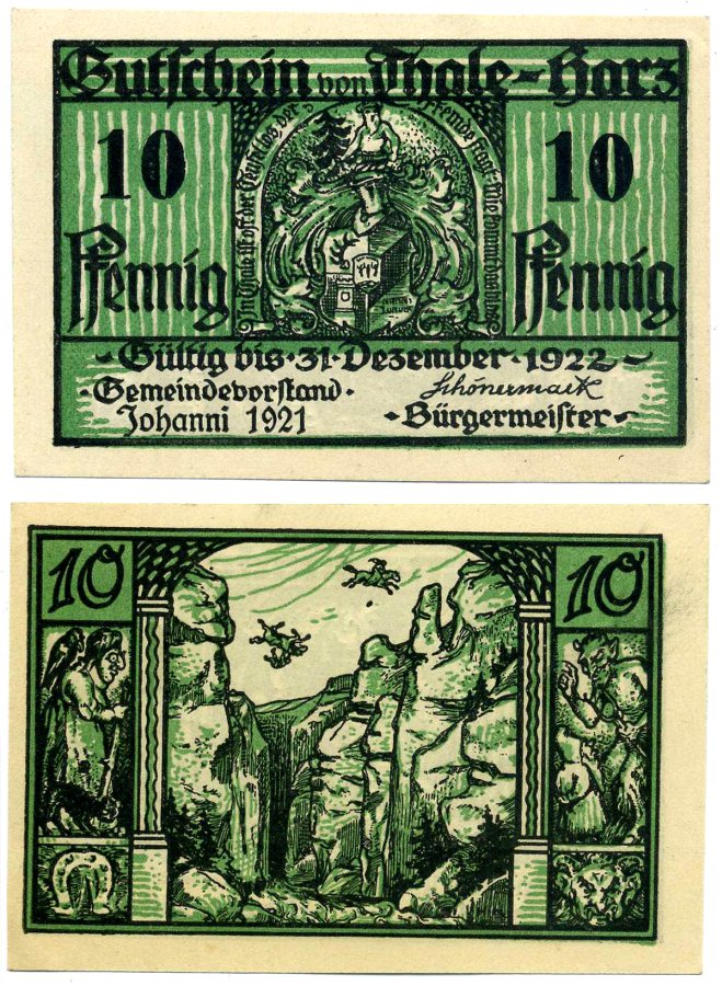 Тале-Гарц 10 пфеннигов 1921 1 января 1921 - 31 декабря 1922, нотгельд, земля Саксония-Анхальт Grabowski 1320.1 бумага 2195-25-1-2