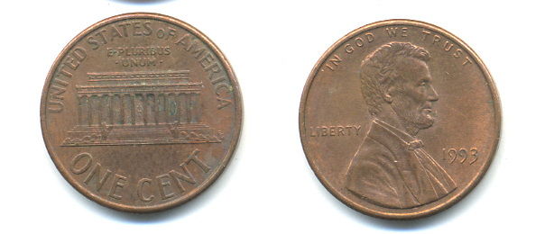 США 1 цент 1993 Авраам Линкольн KM 201b цинк плакированный медью 86-259