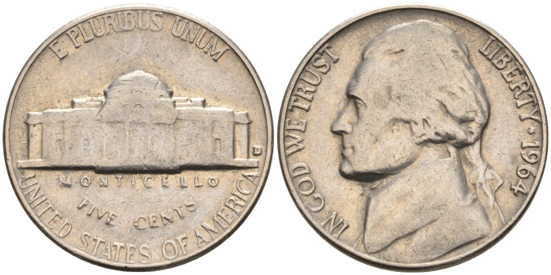 США 5 центов 1964 D, Джефферсон KM А192 медно-никель 92-1131