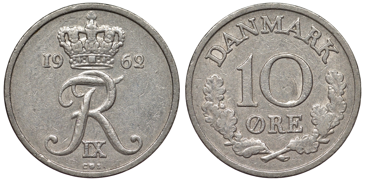 Дания 10 эре 1962 C; S, Фредерик IX (1947-1972) KM 849.1 медно-никель 71-145
