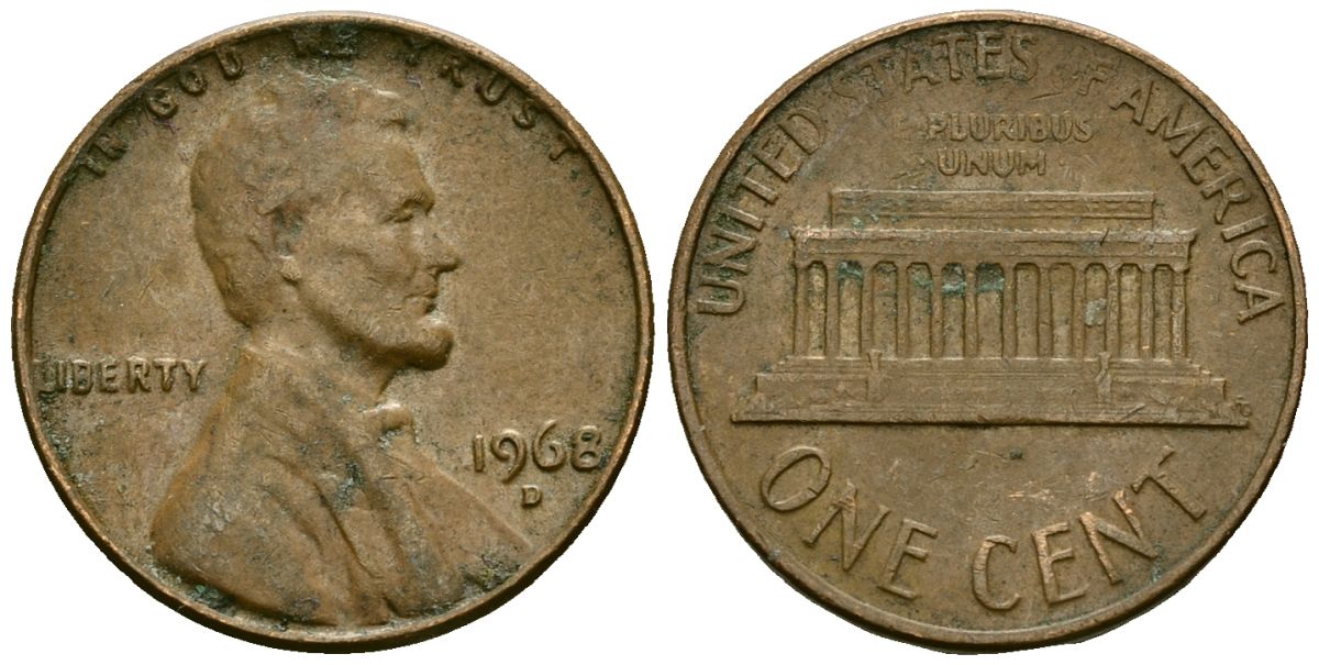 США 1 цент 1968 D, Линкольн KM 201 медь цинк 4136-125