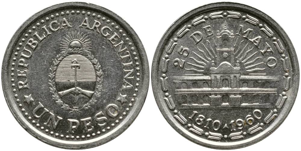Аргентина 1 песо 1960 150 лет свержения Испанского вице-короля (1810-1960) KM 58 сталь плакированная никелем 4525-931