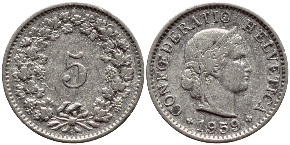 ШВЕЙЦАРИЯ 5 РАППЕНОВ 1959 В KM 26 медно-никель 4398-637
