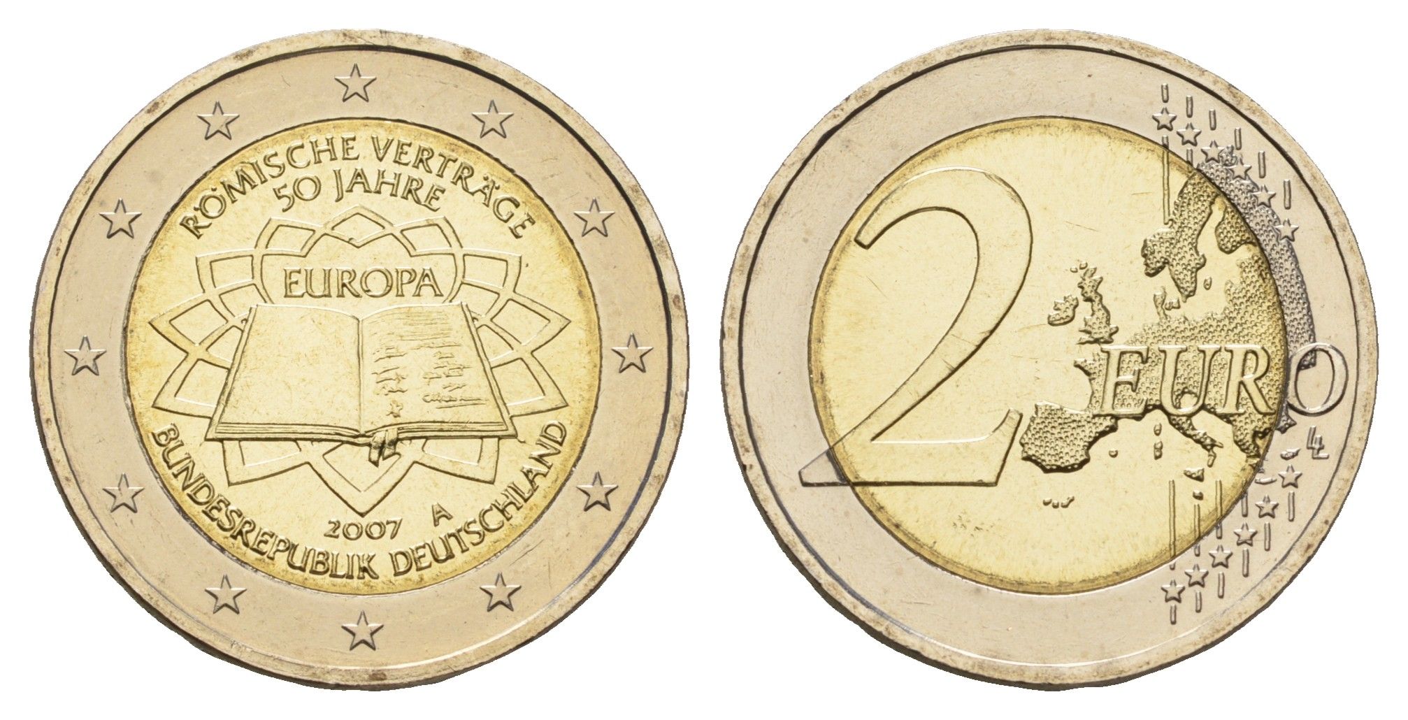 Германия 2 евро 2007 A, 50 лет подписанию Римского договора KM 259 биметалл UNC 1096-2-15