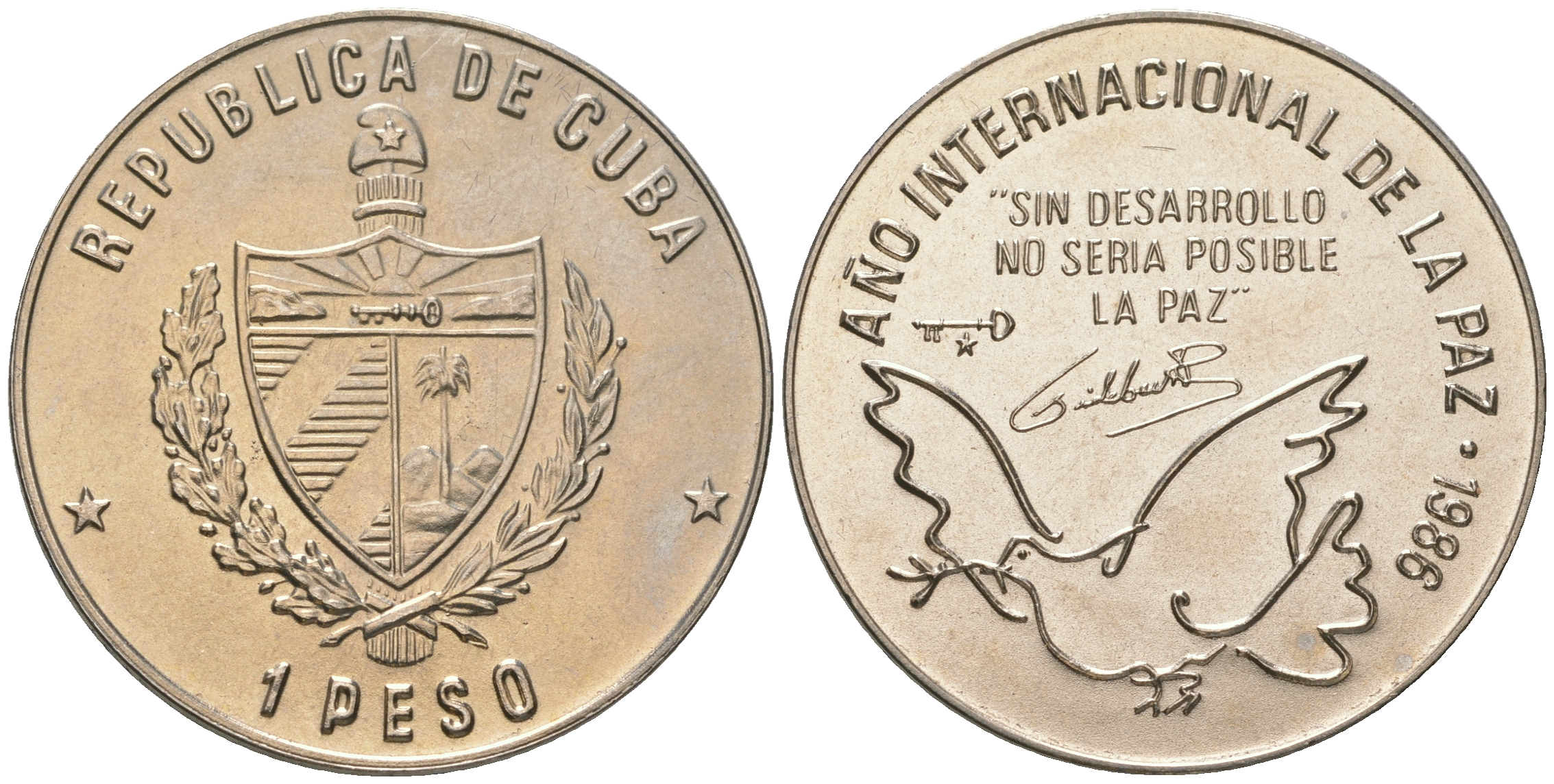 Куба 1 песо 1986 международный год мира KM 156 медно-никель UNC 4165-1132