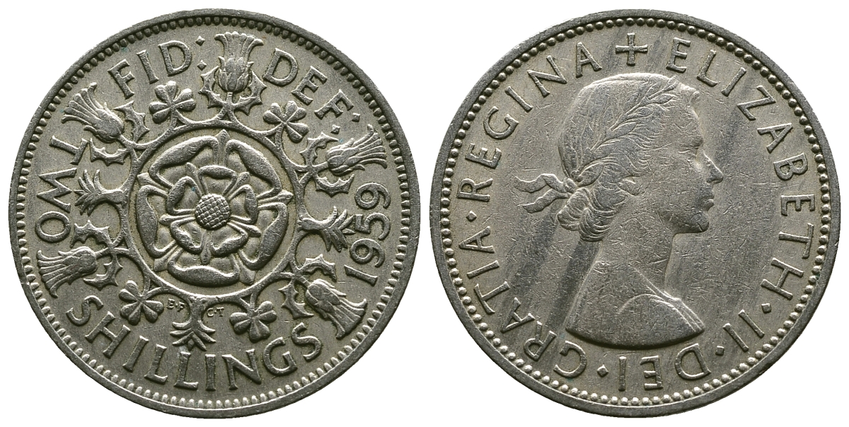 Великобритания 2 шиллинга (флорин) 1959 Елизавета II (1952-2022) KM 906, Spink 4146 медно-никель 4382-211