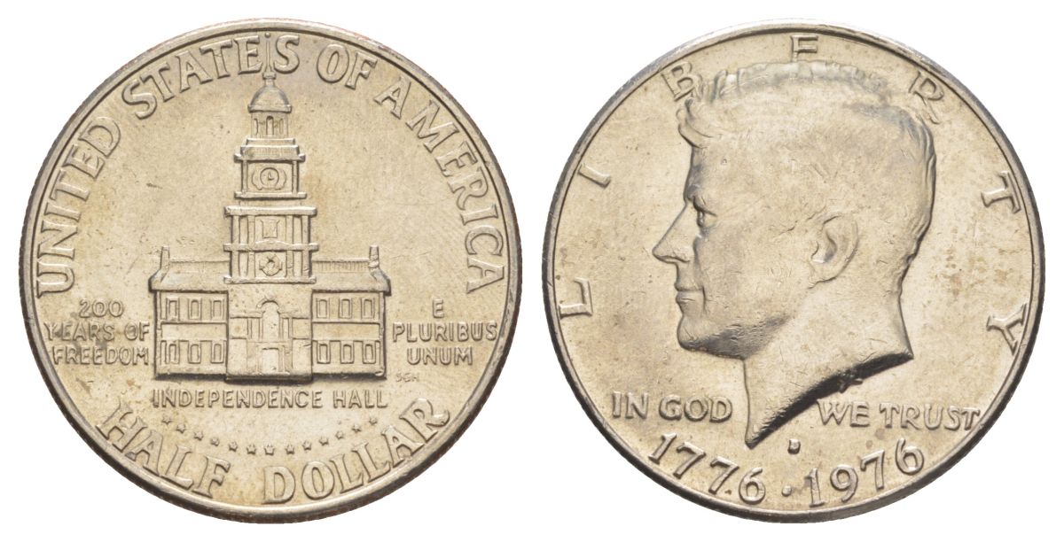 США 1/2 доллара (50 центов) 1976 D, 200 лет независимости, Джон Кеннеди KM 205 медь плакированная медно-никелем aUNC 4545-534