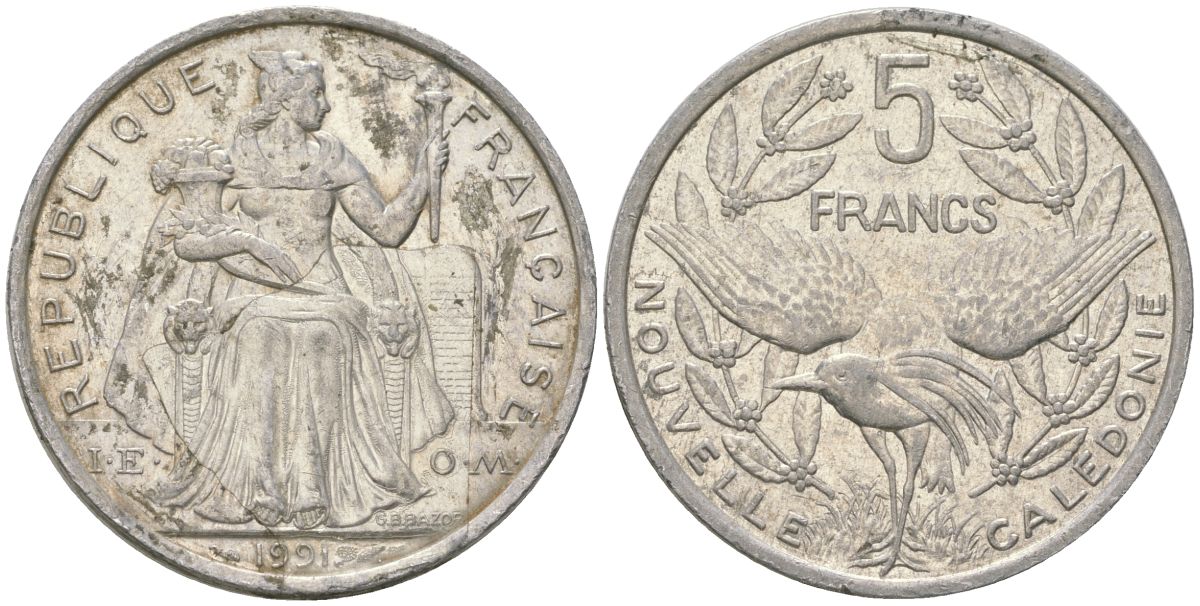 Французская Новая Каледония 5 франков 1991 птица кагу, (IEOM) KM 16, Schoen 12, Lec 79 алюминий 180-1131