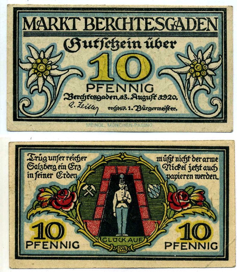 Берхтесгаден 10 пфеннигов 1920 13 августа 1920, нотгельд, земля Бавария Grabowski 76.5а бумага 2193-19-3-2