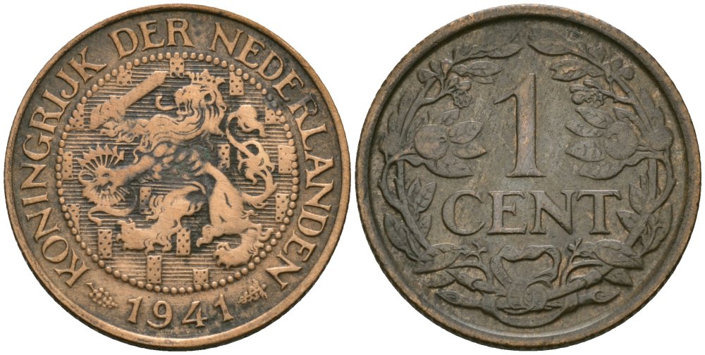 Нидерланды 1 цент 1941 Вильгельмина (1890-1948) KM 152 бронза 4576-1148