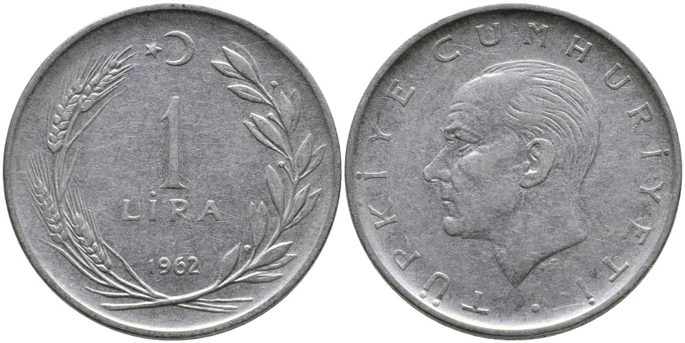 Турция 1 лира 1962 Мустафа Кемаль Ататюрк KM 889а.1 нержавеющая сталь 4541-1226
