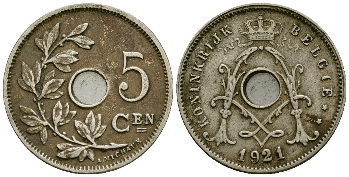 Бельгия 5 сантимов 1921 Belgie KM 67 медно-никель 4173-231