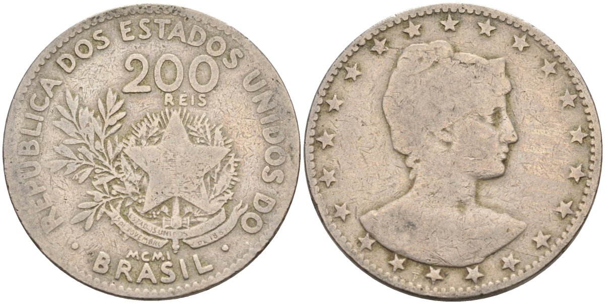 Бразилия 200 рейс 1901 голова свободы вправо KM 504 медно-никель 4589-1132