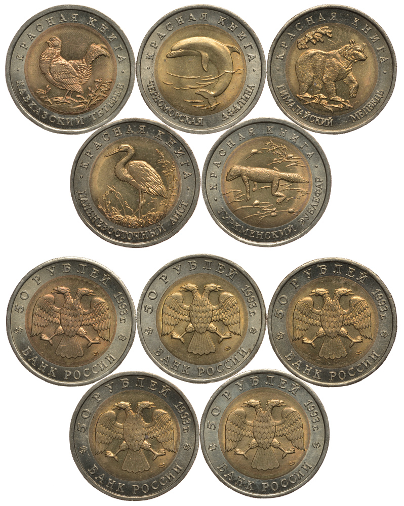 Россия лот из 5 монет по 50 рублей 1993 серия Красная книга, гималайский медведь, туркменский зублефар, кавказский тетерев, дальневосточный аист, черноморская афалина KM 330, 331, 332, 333, 334 биметалл UNC N4-22