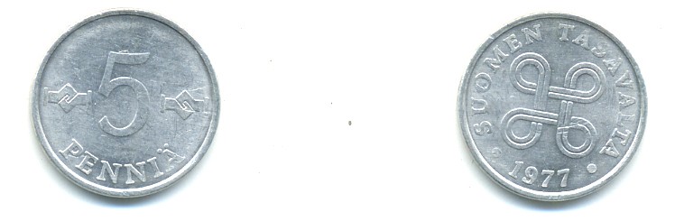 ФИНЛЯНДИЯ 5 ПЕННИ 1977 KM 45а алюминий 80-846
