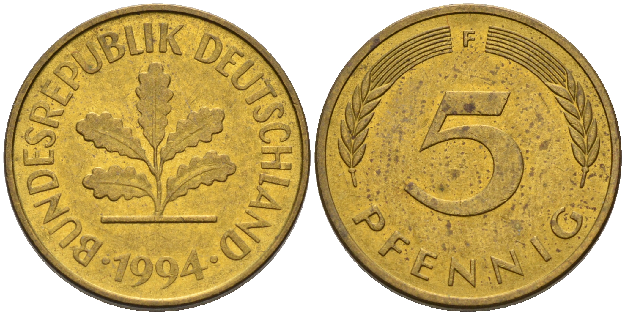 ФРГ 5 ПФЕННИГОВ 1994 F KM 107, J. 382 сталь плакированная латунью 75-524