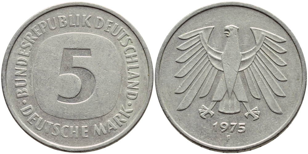 ФРГ 5 марок 1975 F, монетный двор Штутгарт КМ 140.1, J. 415 медно-никель плакированный никелем 84-1441