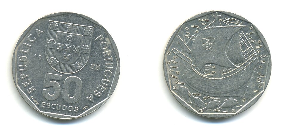 Португалия 50 эскудо 1988 парусник KM 636 медно-никель 56-1443